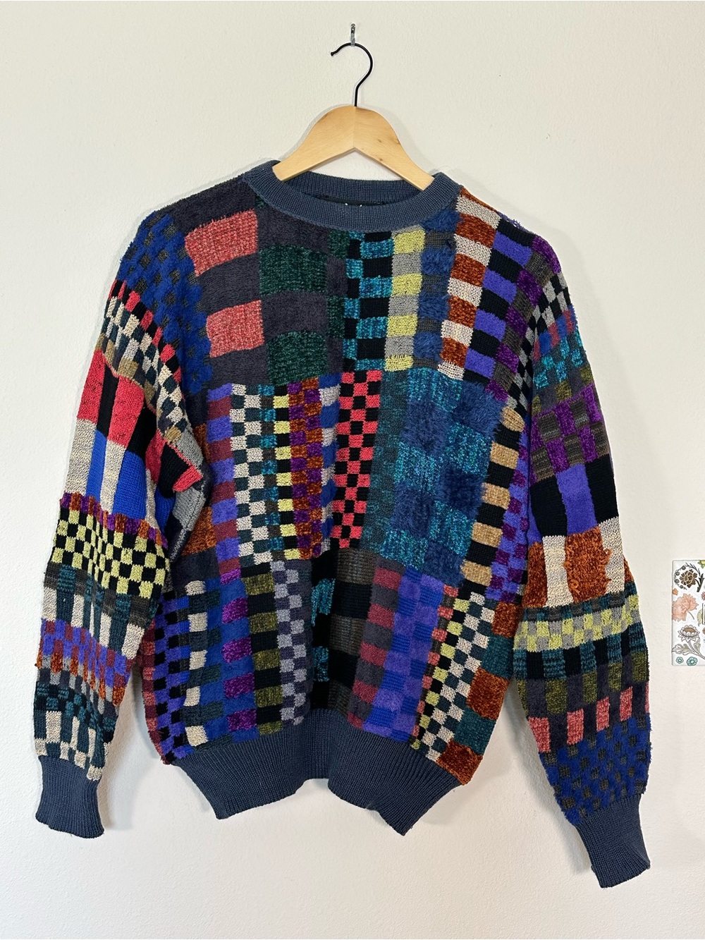 80s Marienbad Patchwork Checkerboard Crewneck Sweater in Rainbow Multicolor